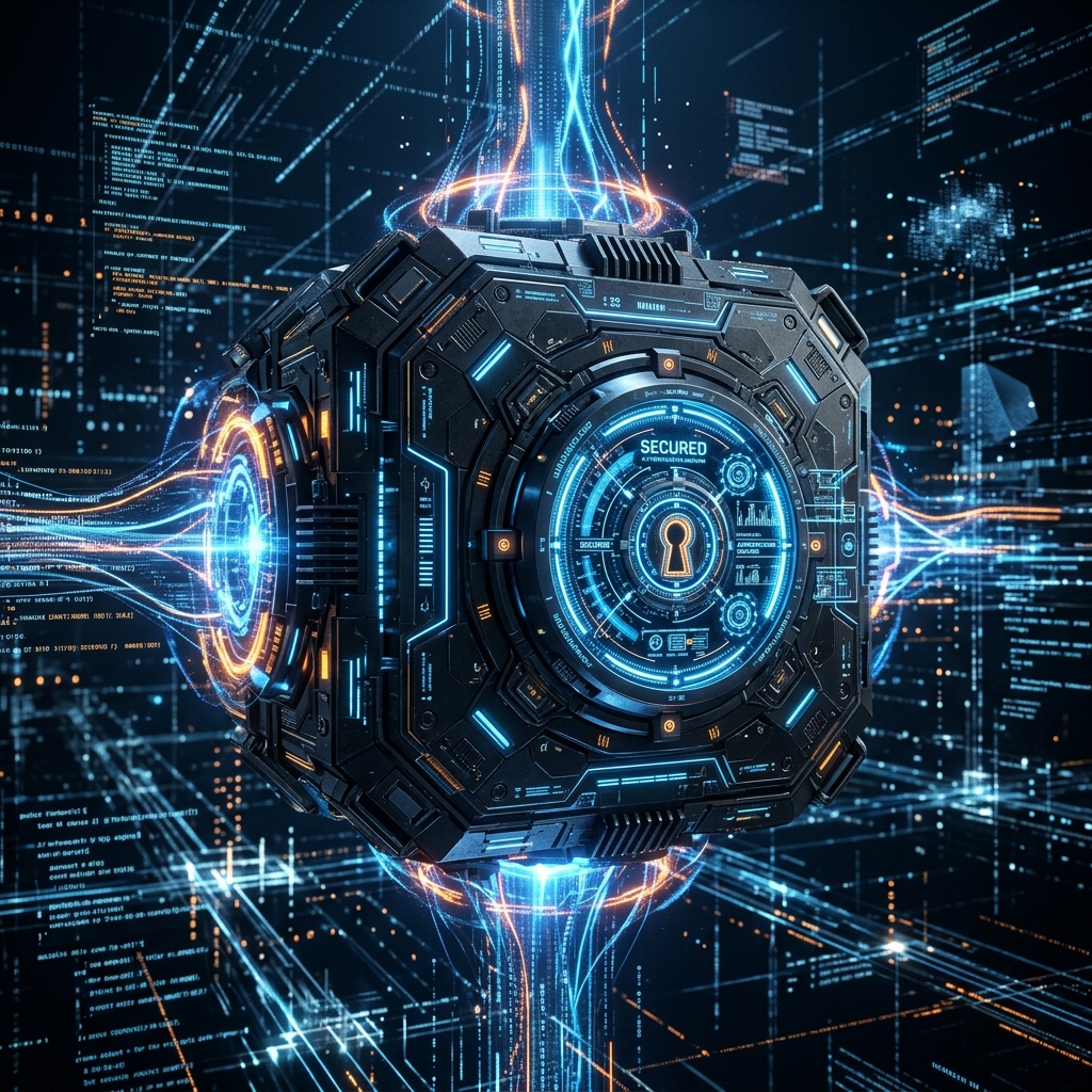 Futuristic floating security vault in digital space