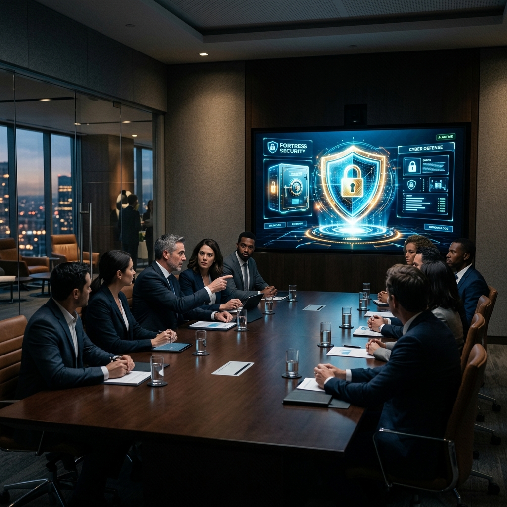 Corporate executive board looking at a digital security vault