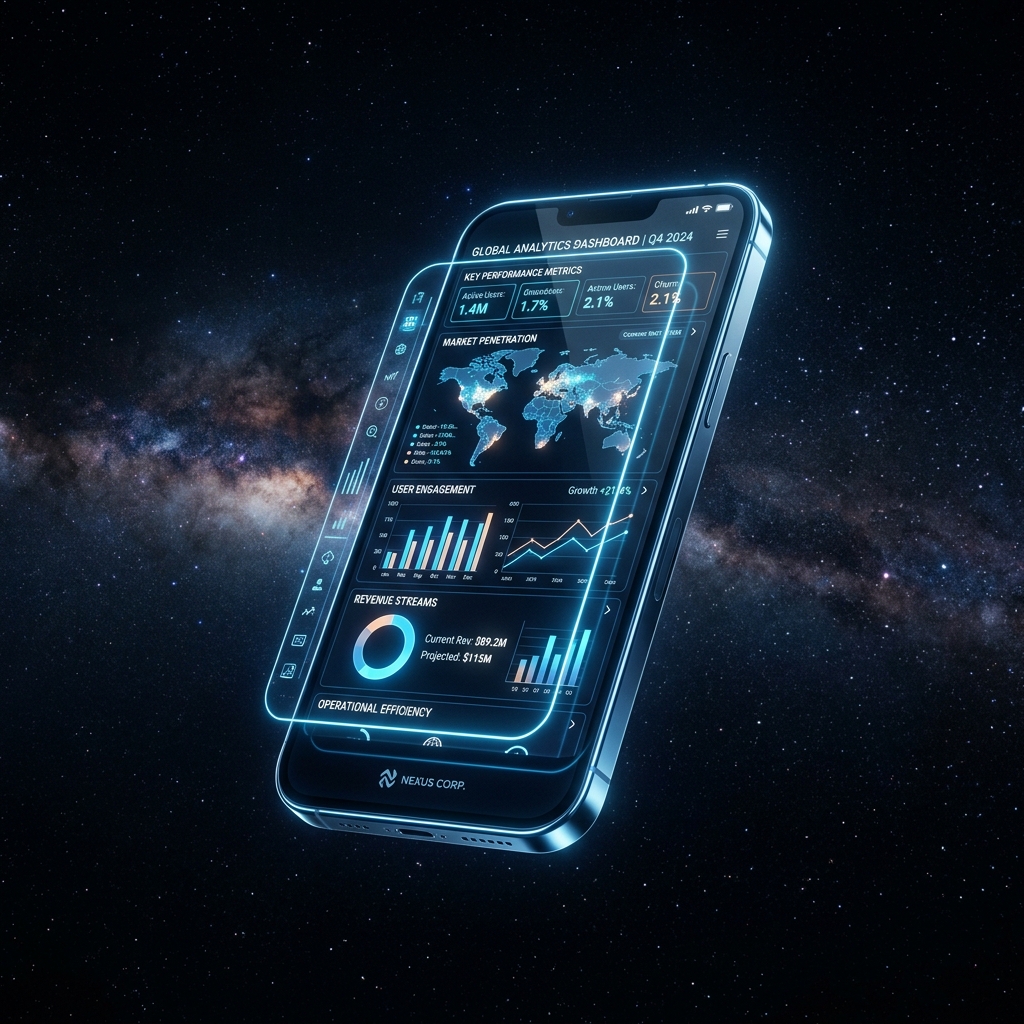 Futuristic smartphone analytics UI