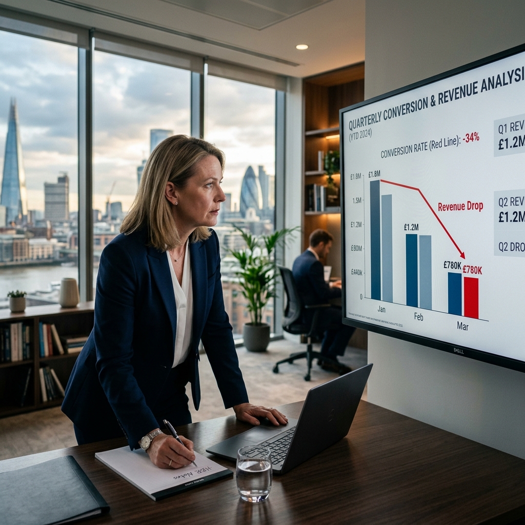 CFO reviewing website analytics showing conversion rate decline on large office monitor