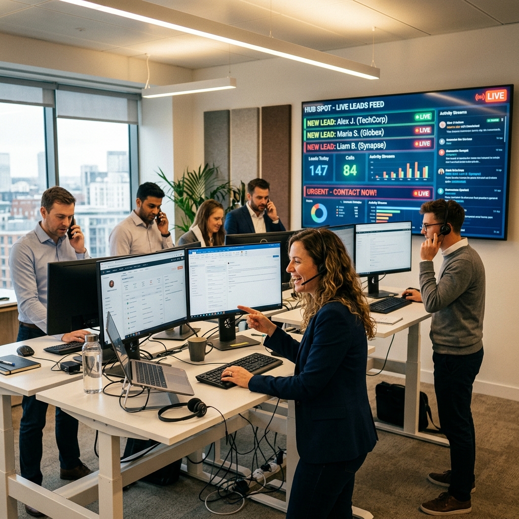 Sales team responding to live inbound leads on CRM dashboard in modern office