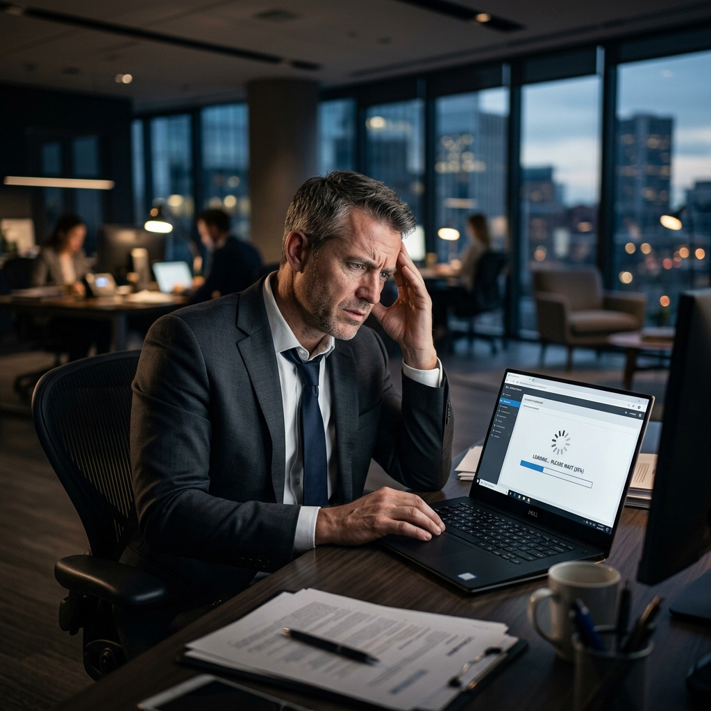 Executive frustrated by slow website loading in corporate office