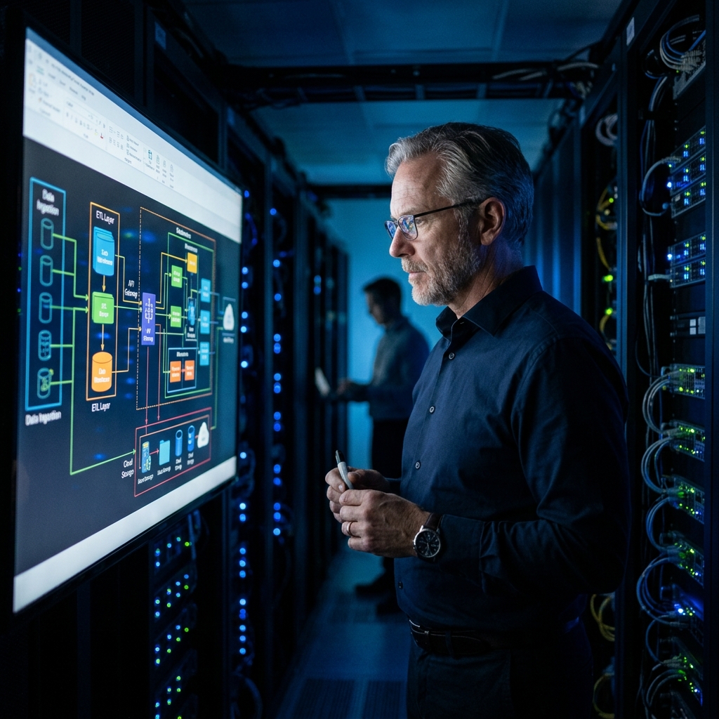Senior engineer reviewing data pipeline architecture diagram in server room with blue LED lighting