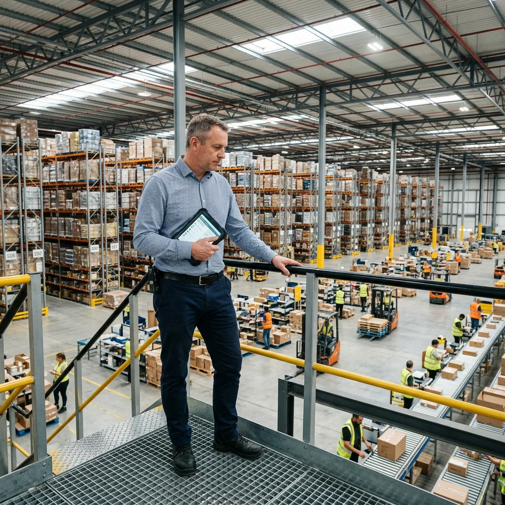 Warehouse operations manager overlooking Atlanta fulfillment center