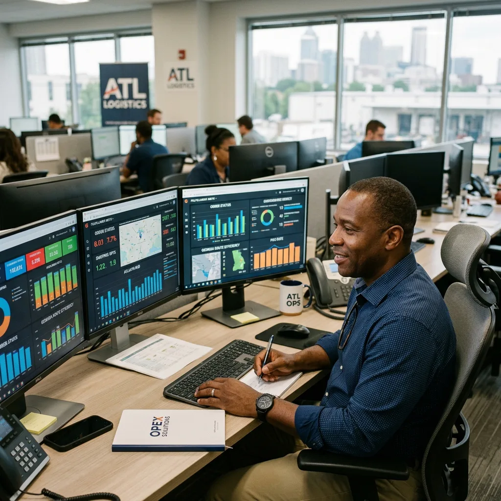Operations manager reviewing fulfillment metrics on triple monitor setup