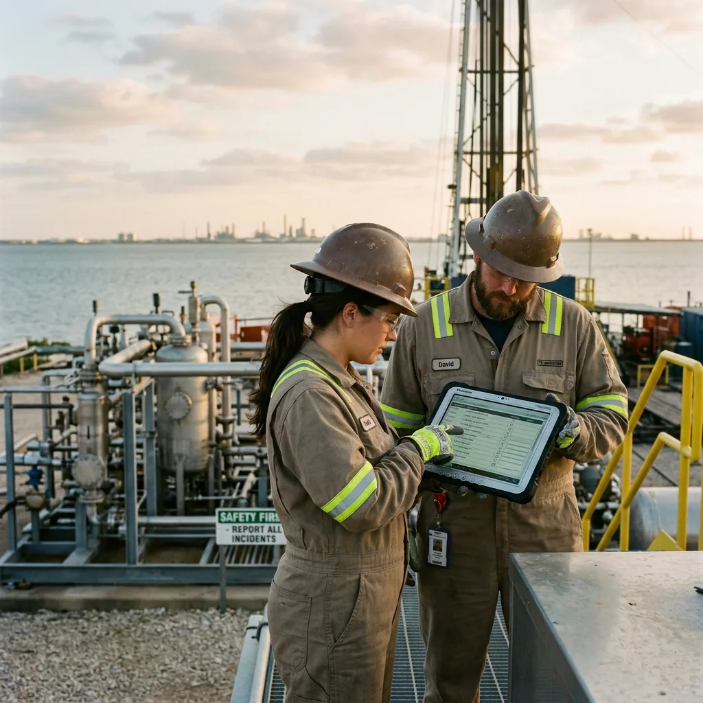 O&G field technicians reviewing compliance checklist on rugged tablet