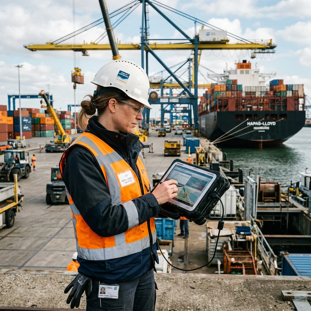 Port inspector using field tablet at Corpus Christi shipyard