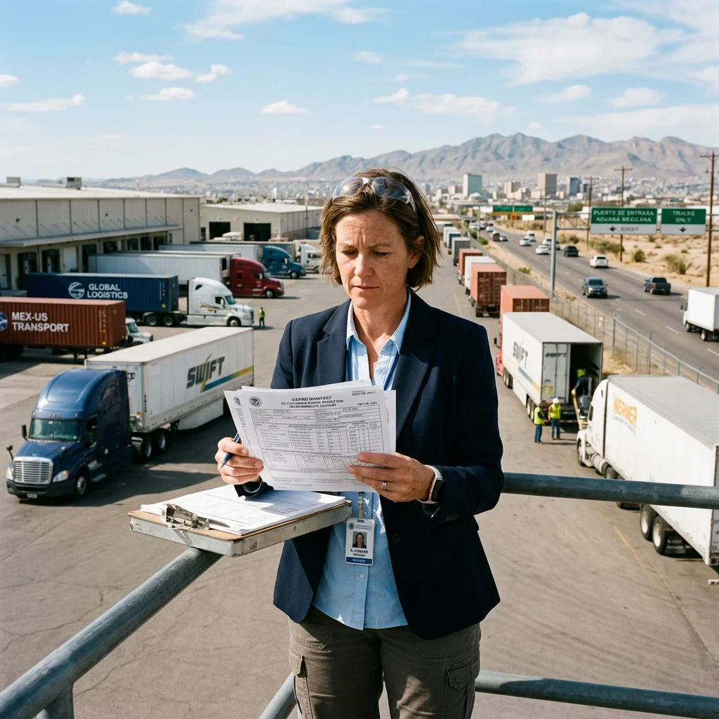 Cross-border logistics broker reviewing manifests at El Paso depot