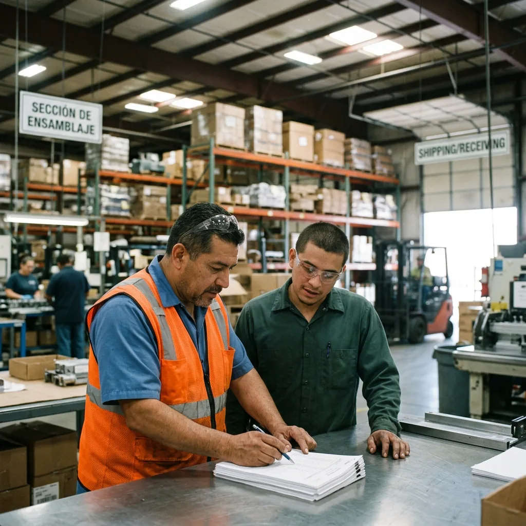 Twin-plant warehouse workers reviewing shipping manifest