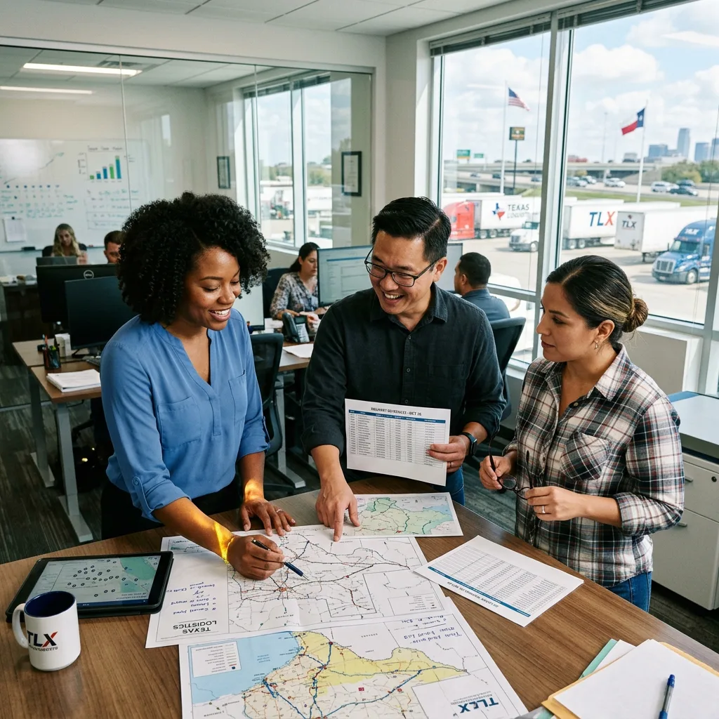 Logistics team reviewing route maps in Fort Worth trucking office