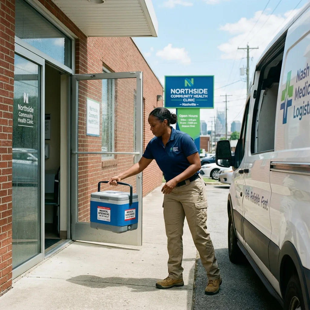 Medical courier delivering supplies to Nashville community health clinic