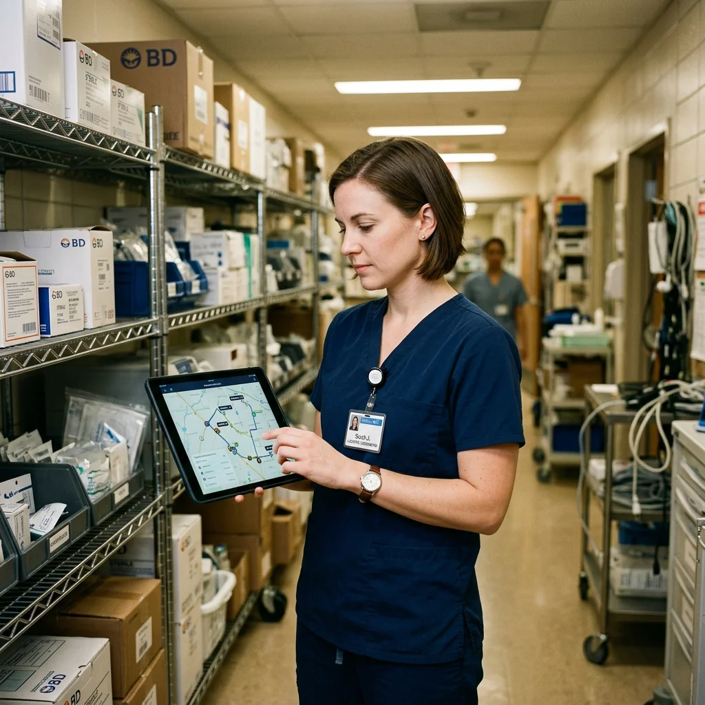 Medical logistics coordinator in hospital supply corridor