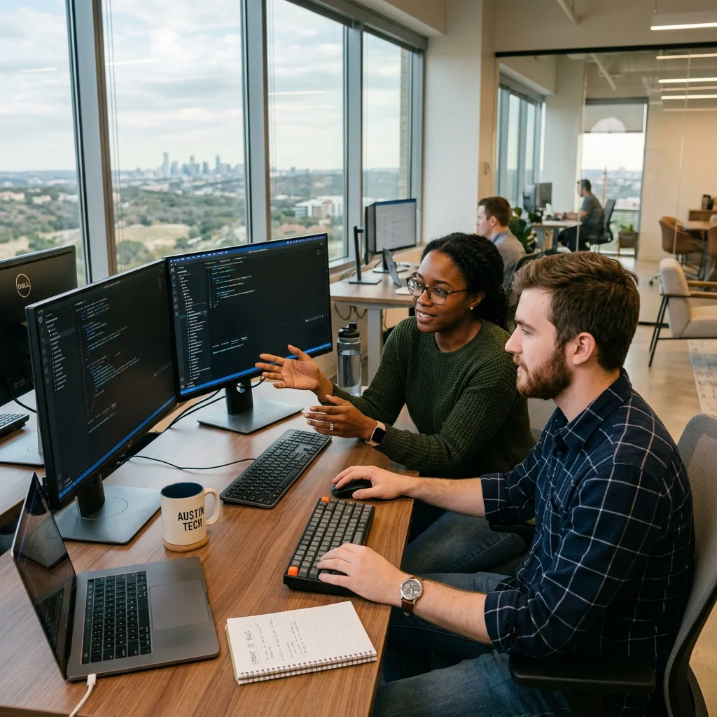 Software developers pair programming in Plano tech office